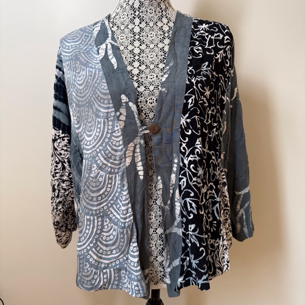 Bohemian Batik mixed print lightweight cardigan style top boxy pockets Lagenlook